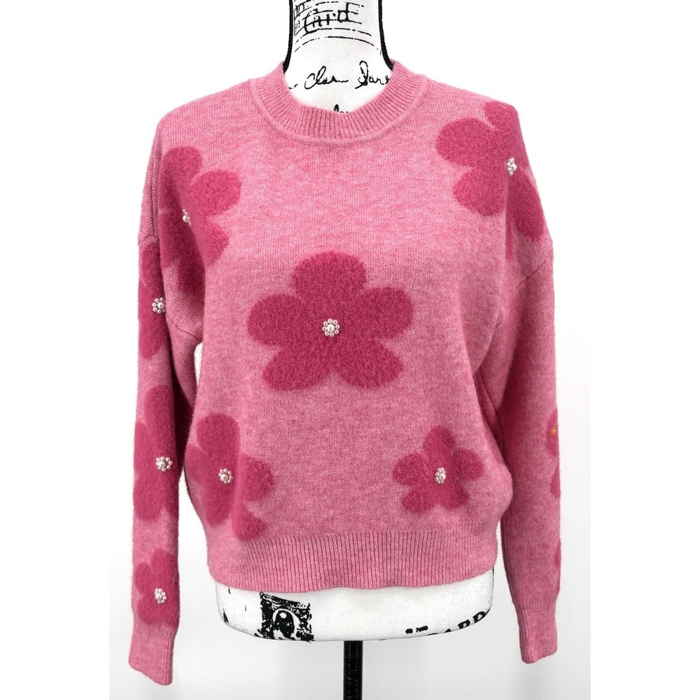 Nanette Lepore Eyelash Intarsia Floral Sweater Medium Pink Pearl Flower Knit